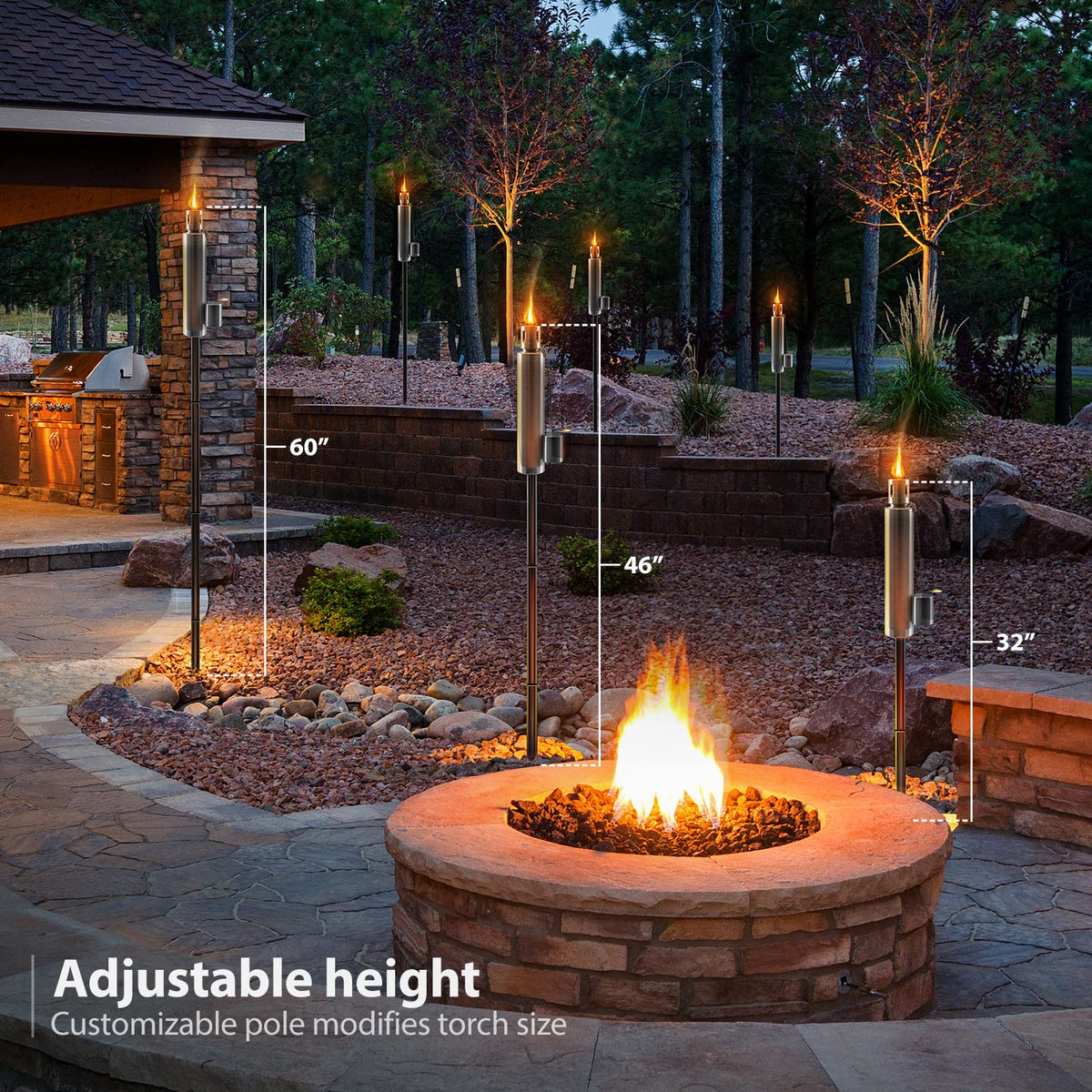Matney Stainless Steel Tiki Torches Set of 4 - 5 ft Outdoor Oil Lamp with Fiberglass Wick & Snuffer Cap
