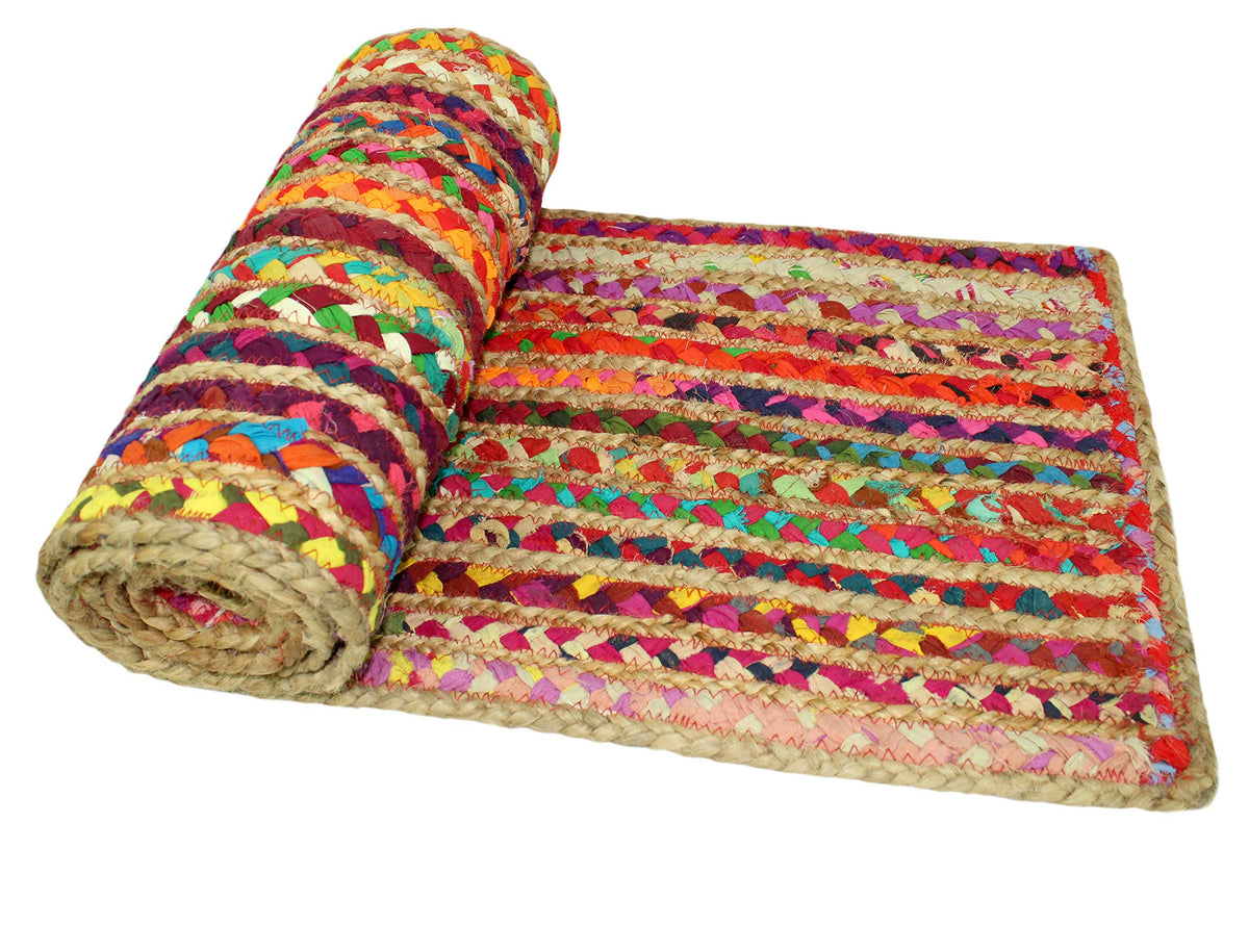 COTTON CRAFT Jute Chindi Table Runner - Braided Handwoven Reversible Tablerunner - Summer Fall Harvest Holiday Festive Party Boho Rustic Farmhouse Dining Kitchen Tabletop - 13 x 72 inch - Multicolor