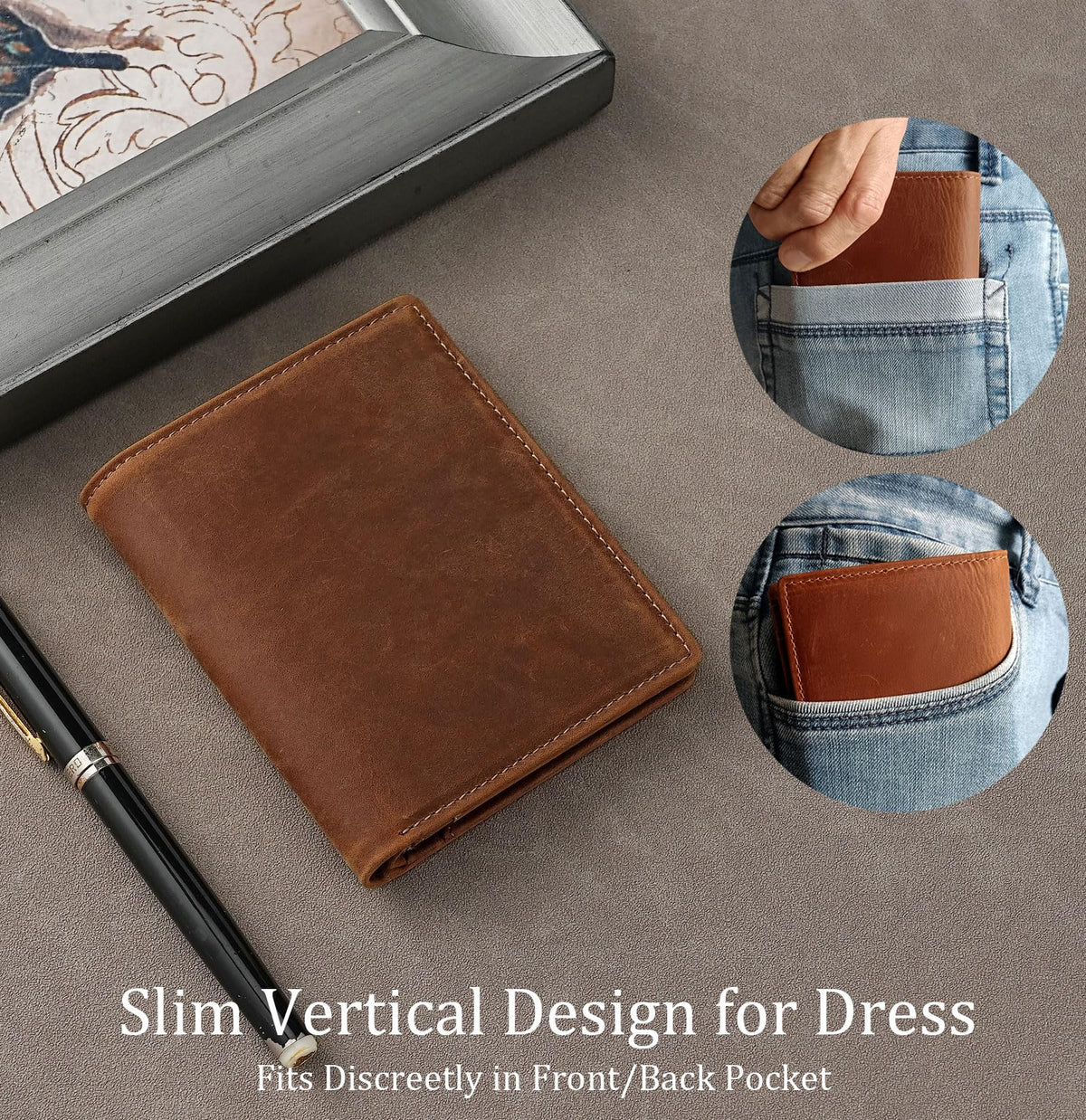 LnxLtw Bifold Vertical Wallet for Men - Slim Leather RFID Blocking Front Pocket Design with ID Window & 2 Cash Pockets | 4.5"x3.7"x0.7" Thin 7 Card Slots Wallets Organizer | Gift Box (Brown)