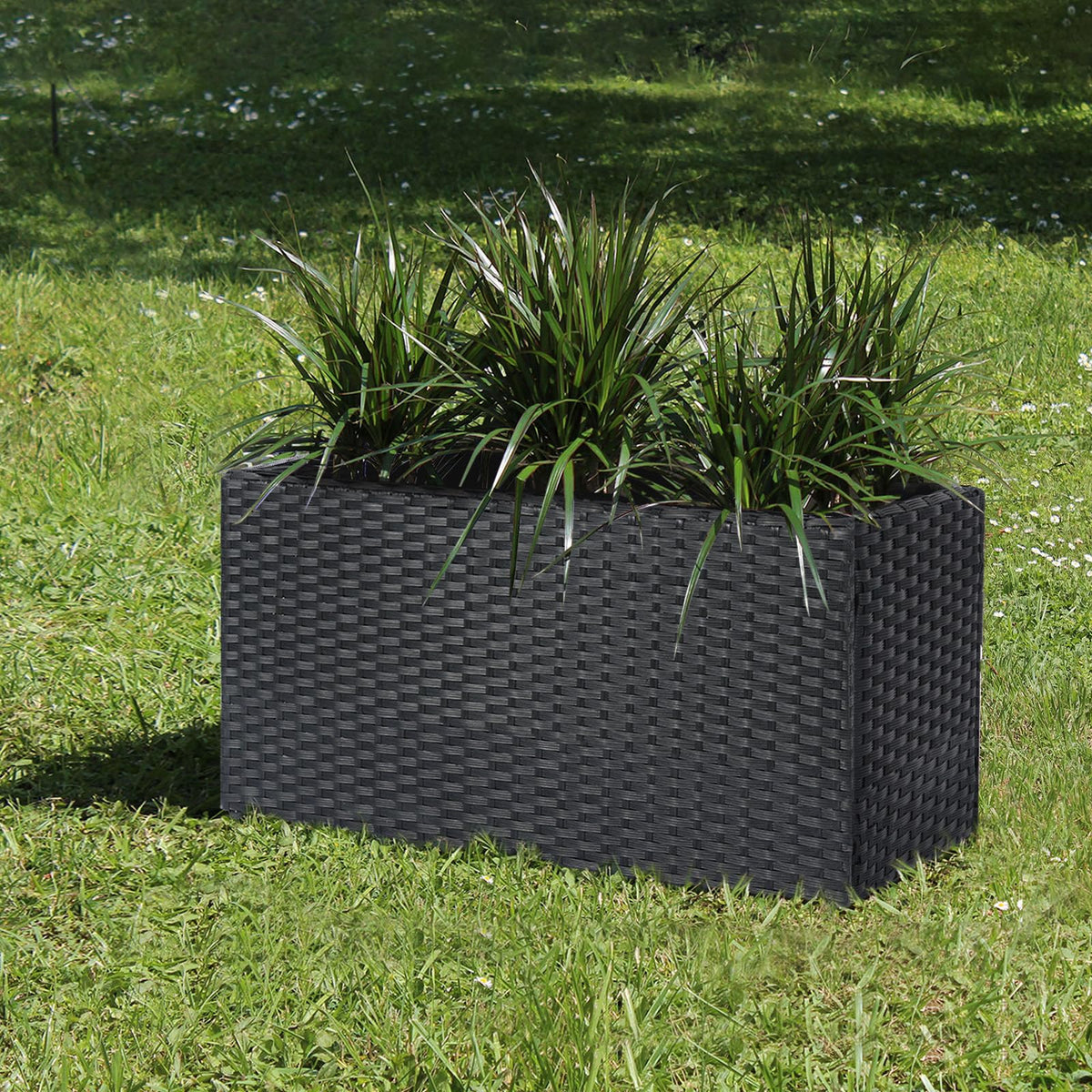 SUNNYPARK Black Rectangular Planter Box All-Weather PE Rattan Large Modern Planters with Removable Liner Indoor Outdoor Decorative Flower Pot for Patio, Balcony, Garden