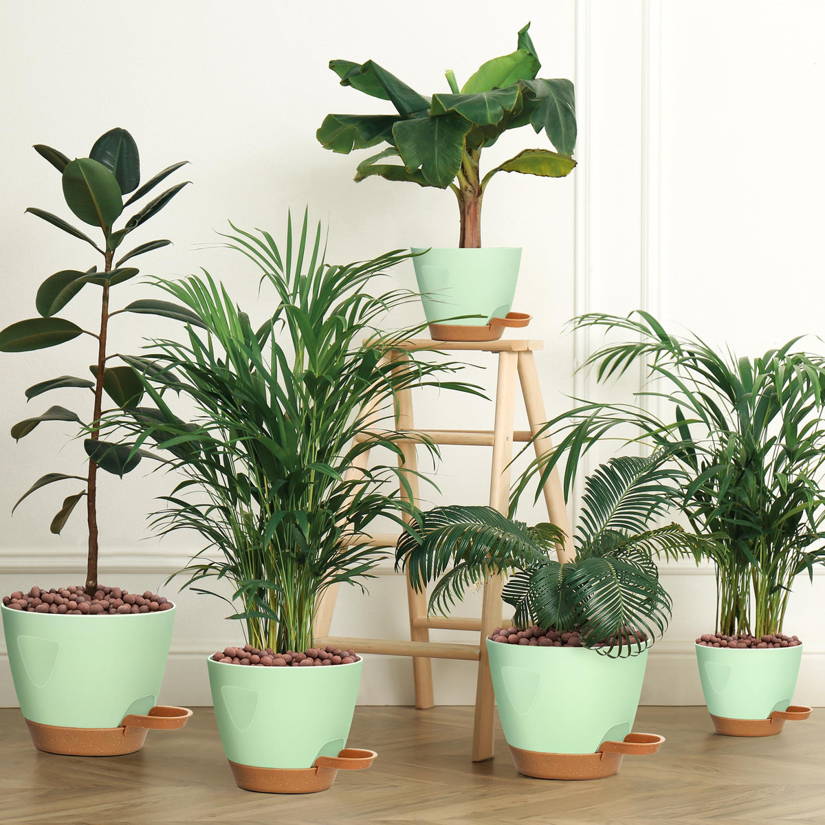 5-Pack Plant Pots with Drainage 7/6.5/6/5.5/5 Inch Self Watering Pots for Indoor Outdoor Plants, Plastic Flower Pots with Drainage Holes and Removable Saucers, Plant Pots with Wicking Rope (Green)