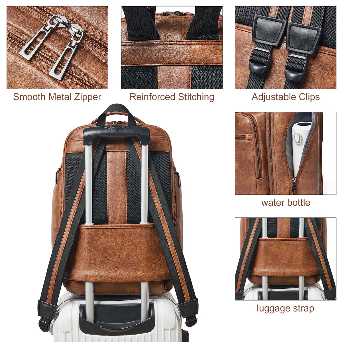 tiamyi Vegan Leather Backpack, 40L Expandable, TSA Travel Backpack for Men and Women, Fits 17.0 Inch Notebook with Luggage Strap and USB Port, Brown