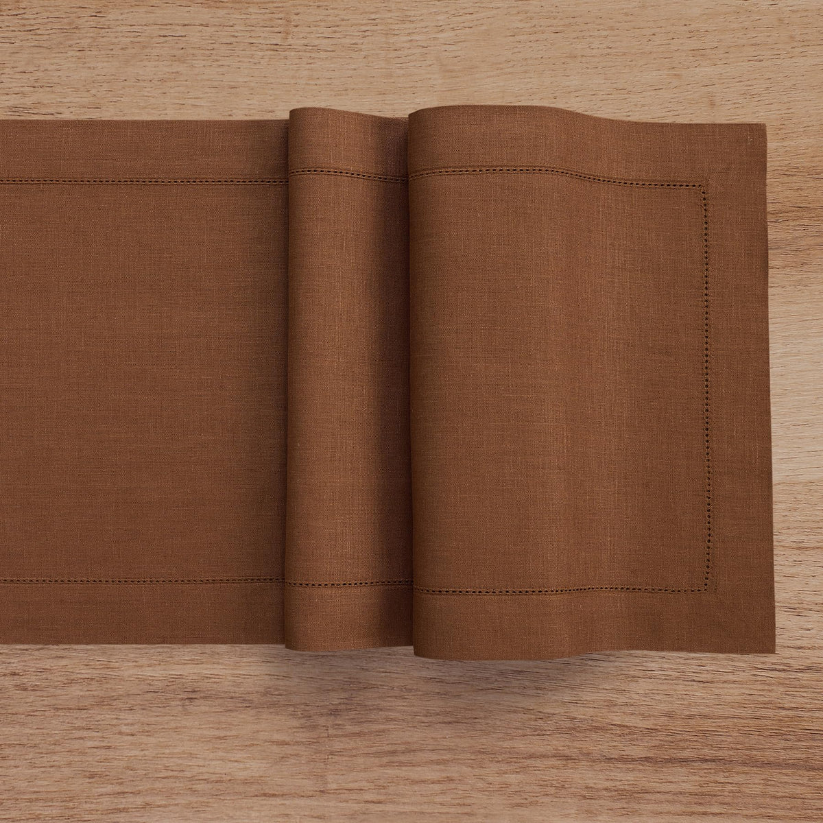 Solino Home Linen Brown Table Runner 72 Inches Long - 100% Pure Linen Hemstitch Table Runner 14 x 72 Inch for Dresser, Dining - Classic Hemstitch
