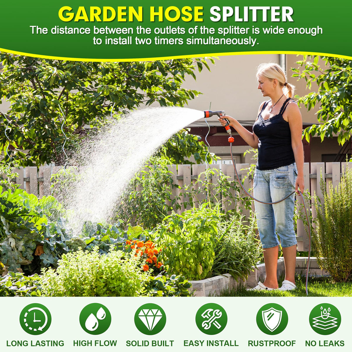 DINGBAI Hose Splitter 2 Way, High Flow Garden Hose Splitter, 3/4” Ght Inlet Brass Heavy Duty Hose Converter, Full Flow water 2 Way Faucet hose splitter, Long Handle Hose Valve Large Outlet.