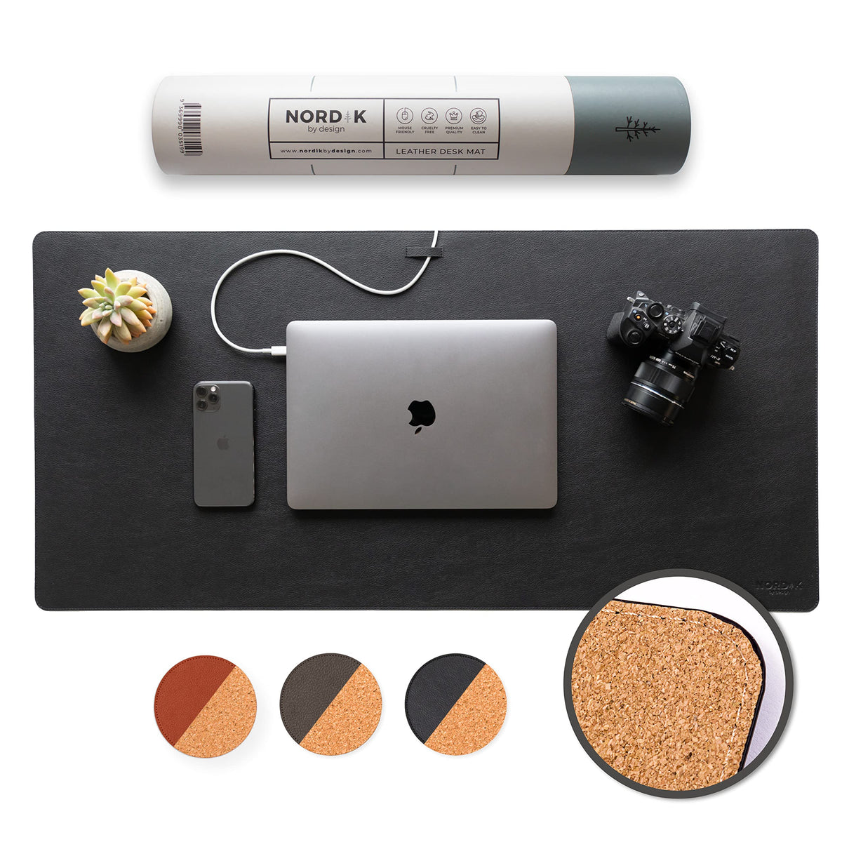 Nordik Cork Leather Desk Mat Cable Organizer (Pebble Black 35 X 17 inch) Premium Extended Mouse Mat for Home Office Accessories - Non-Slip Vegan Leather Desk Pad Protector & Desk Blotter Pad