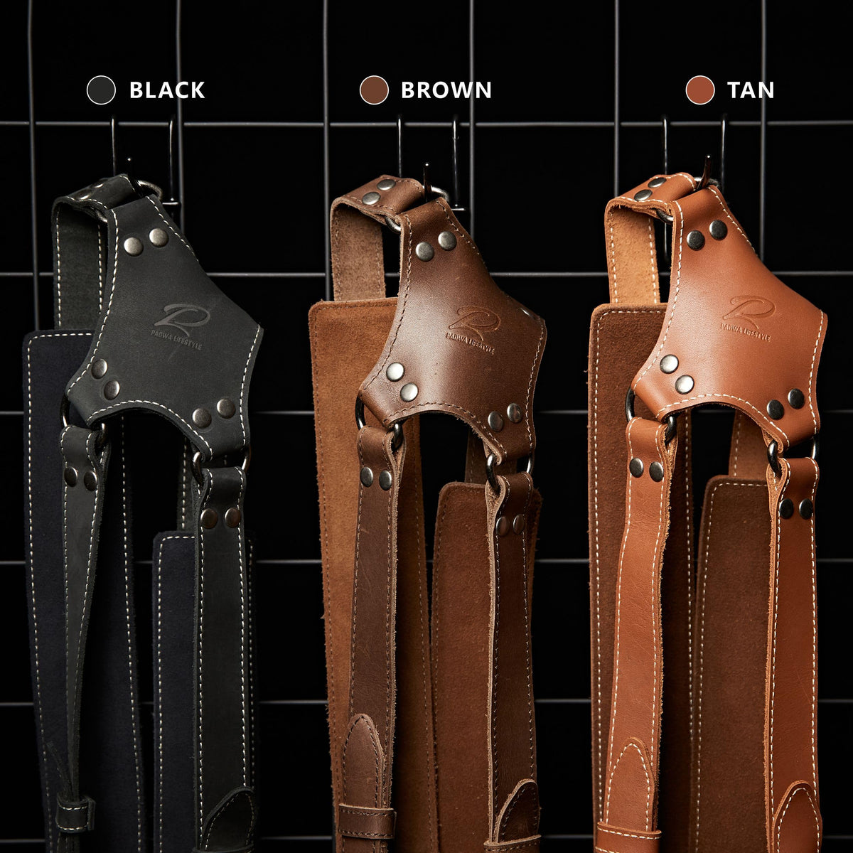 Padwa Lifestyle Black Frosted Dual Camera Harness Strap with Padded for Two Cameras -Full Grain Leather Dual Camera Harness,Multi Camera Gear for DSLR/SLR Strap,Double Camera Harness for Photographers