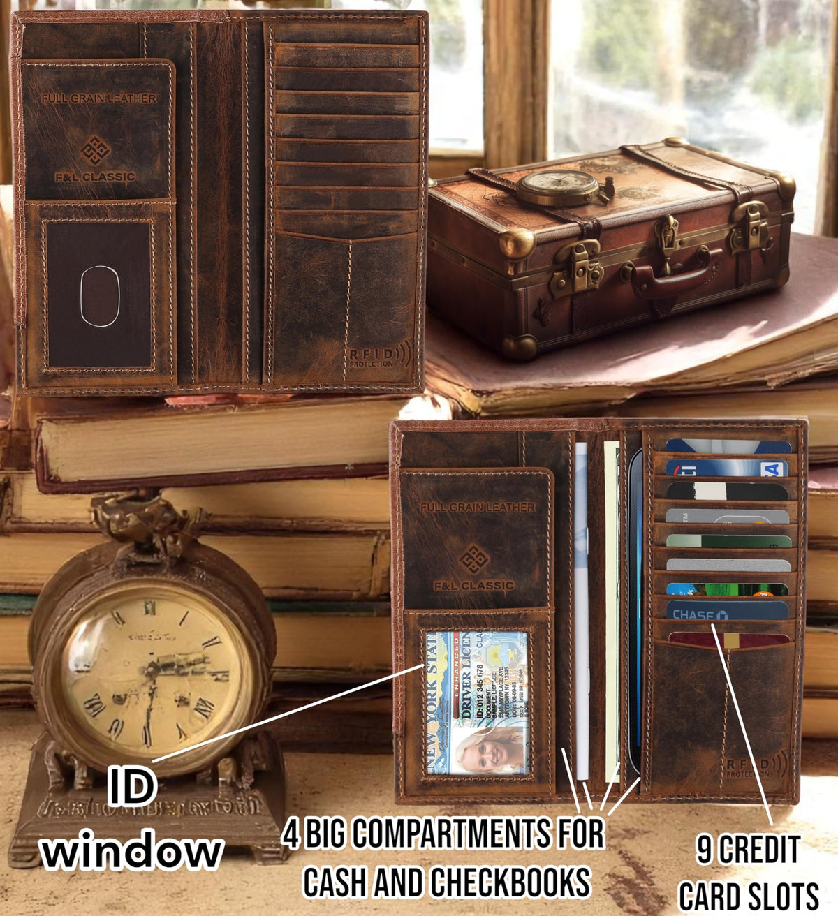 F&L CLASSIC Men's RFID Vintage Look Genuine Leather Long Bifold Wallet Checkbook Wallets,brown,240-82