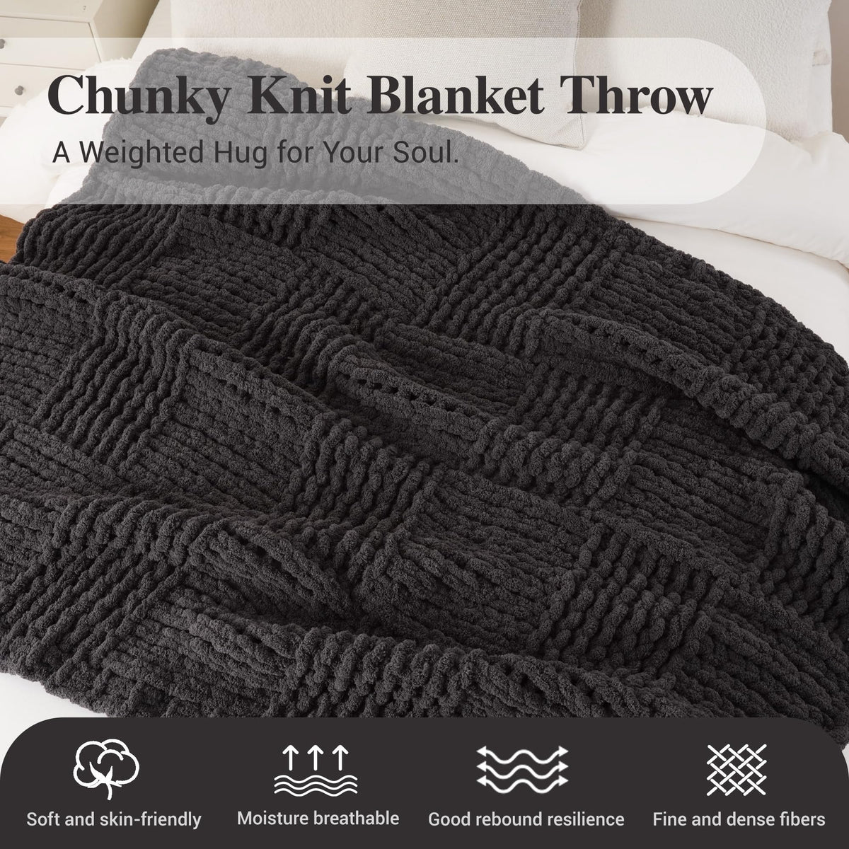 Bunnikins & Clover Dark Grey Throw Blanket for Couch, Chunky Knit Blanket Throw for Sofa & Home Decor, Soft and Cozy Charcoal Throw Blankets, 50"x60"