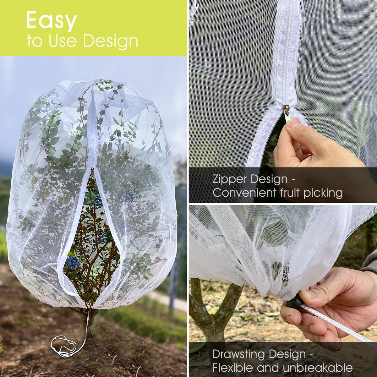 Fruit Tree Netting, RIFNY 3.3 x 2.6 FT Blueberry Bush Netting Cover with Zipper Drawstring, Outdoor Mosquito Net Garden Netting Cover Protector Plant from Birds Cicadas Animals Insect (2 PCS, White)