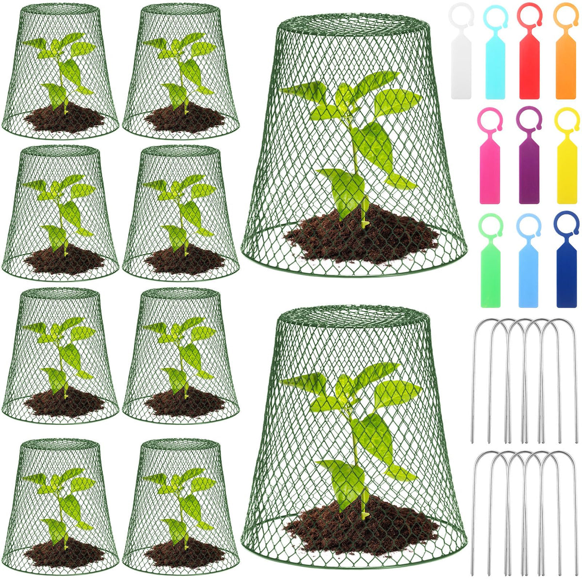 Geosar 10 Pcs 9 Inch Chicken Wire Cloche Plant Protector Cover Metal Garden Cloche Netting Protection Cages Vegetables Flowers with Garden Stakes Avoiding Chicken Rabbit Squirrels Birds (Green)