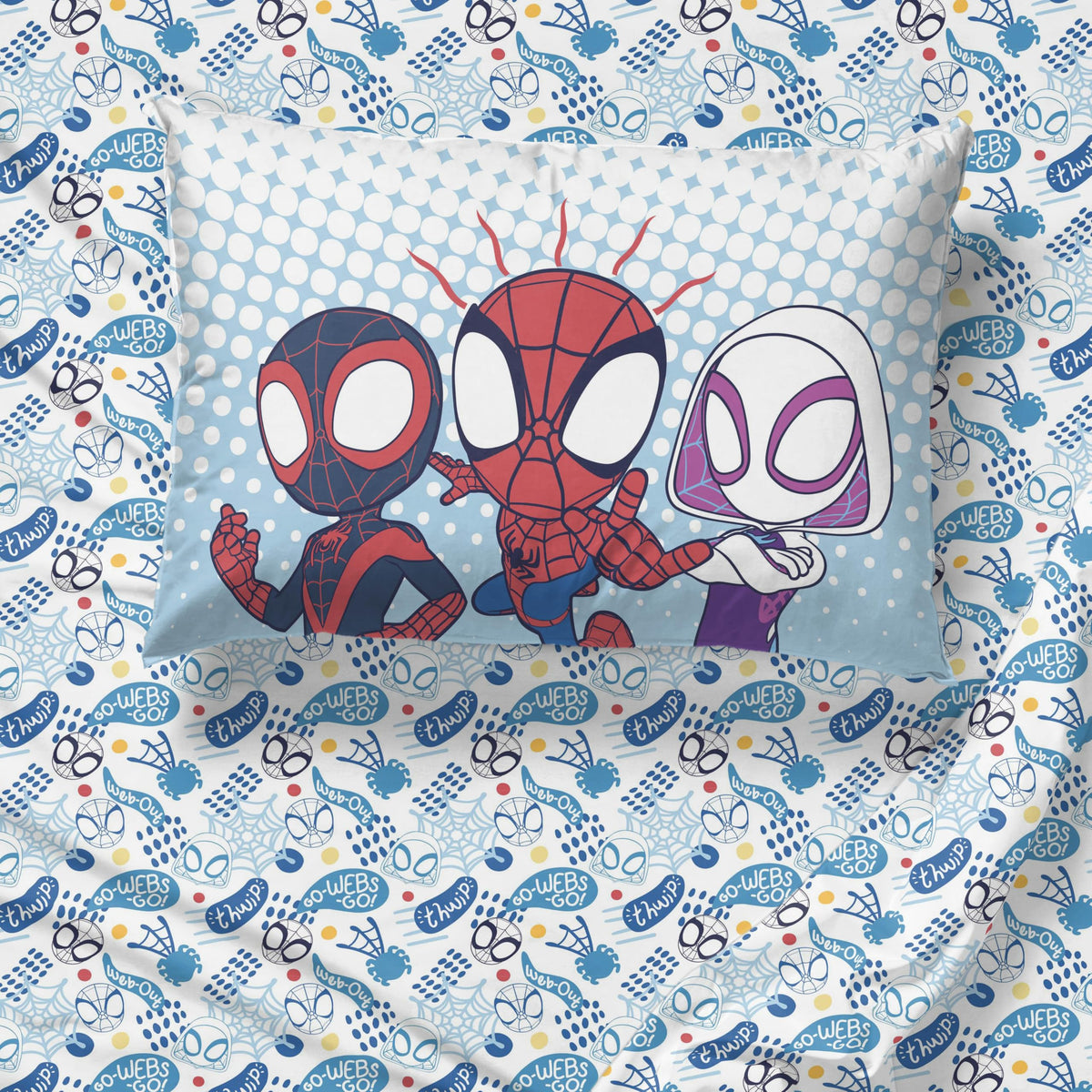 Jay Franco Kids Comforter Set Includes Sheets and Pillow Covers - Soft and Cozy Bed Set for Stylish Room Decor, Light Blue - Spidey & His Amazing Friends, 4 Piece Toddler