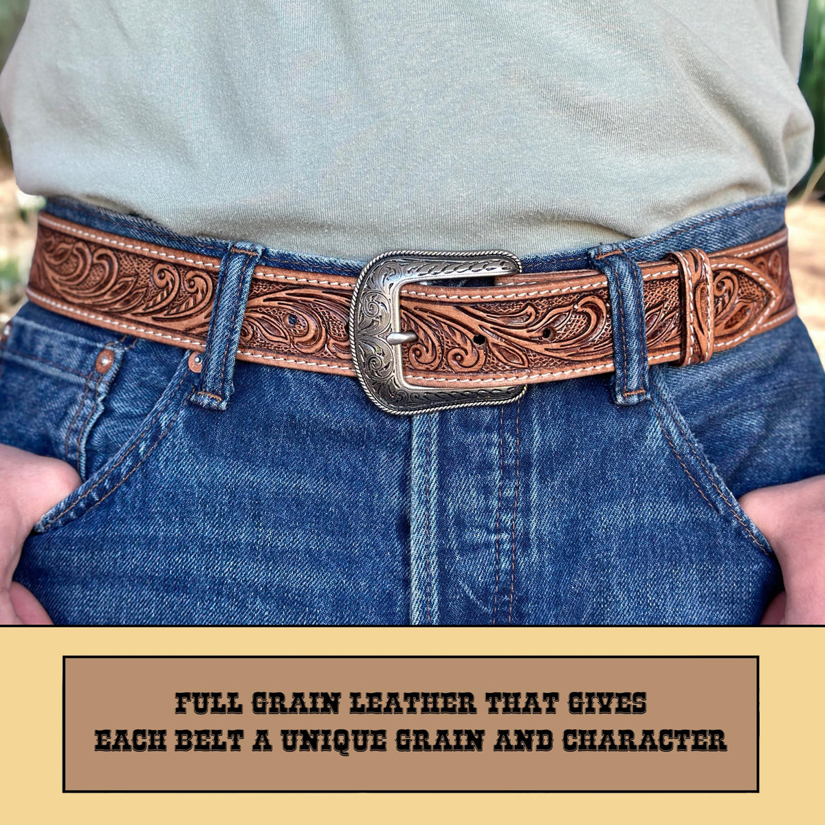 DANIEL'S ARTPLANET Western Belt for Men 1.5” Wide Full Grain One Piece Leather Belt with Buckle Handmade Engraved Tooled (Brown, 40)