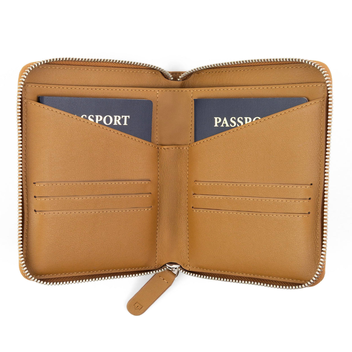 Travaci Full Grain Leather Passport Holder for 2 Passports - Dual Passport Holder and Travel Documents Organizer - RFID Travel Wallet for Couples - Camel