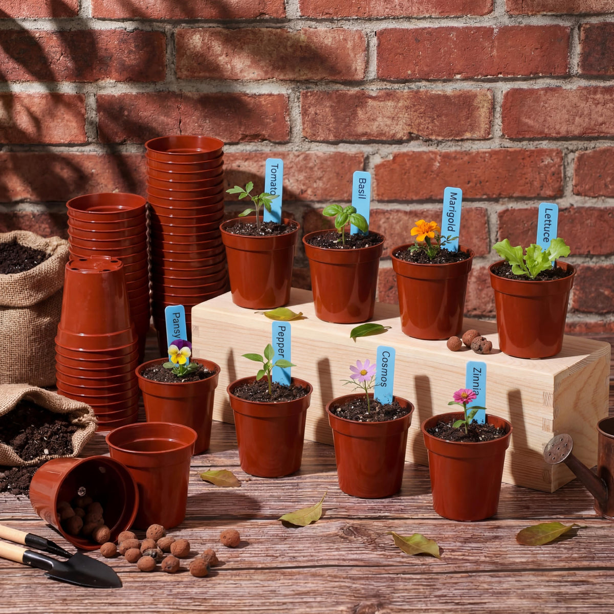Domensi 400 Pcs 2 Inch Brick Red Nursery Pots, Mini Plastic Plant Pot Nursery Seedling Pot with Drainage Holes for Seeds Starter, Indoor Outdoor Garden Vegetables Flowers Seedlings, Gardening Gifts