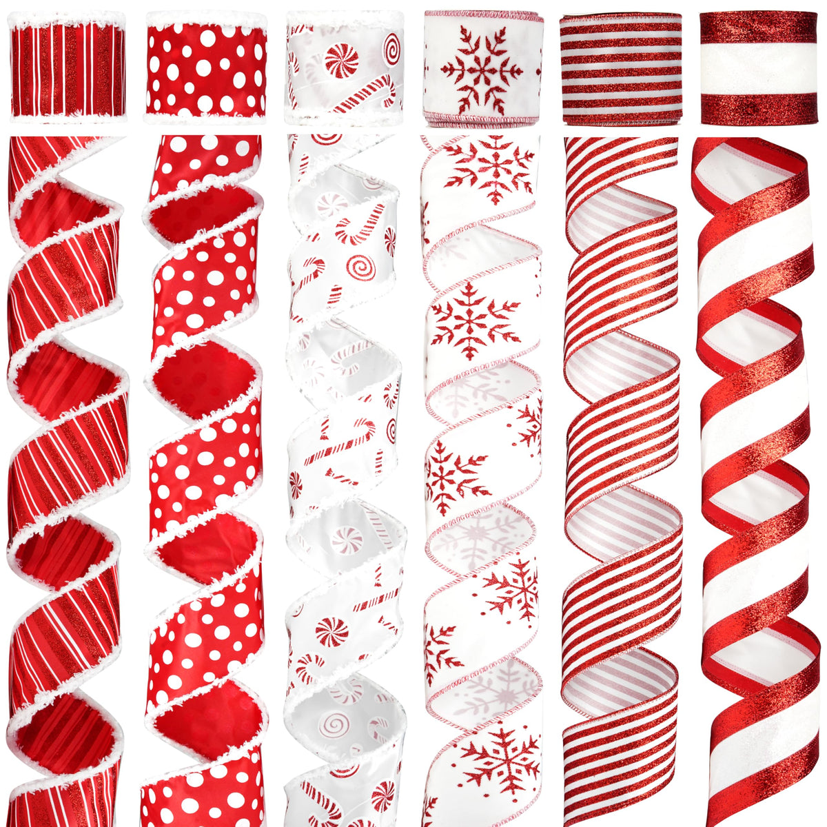 MAYREEL 2.5 Inch Red and White Christmas Ribbon Wired Candy Cane for Christmas Trees Wreaths Tree Toppers Crafts Home Decor Gift Wrapping 6 Rolls Total 36 Yards