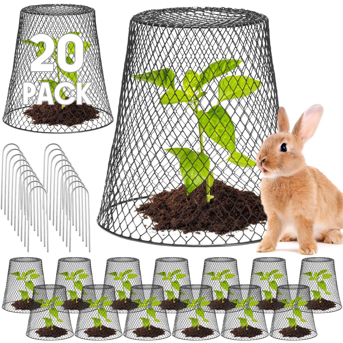 Geosar 20 Pcs 9 Inch Chicken Wire Cloche Plant Protector Cover Metal Garden Cloche Netting Protection Cages Vegetables Flowers with Garden Stakes Avoiding Chicken Rabbit Squirrels Birds (Black)