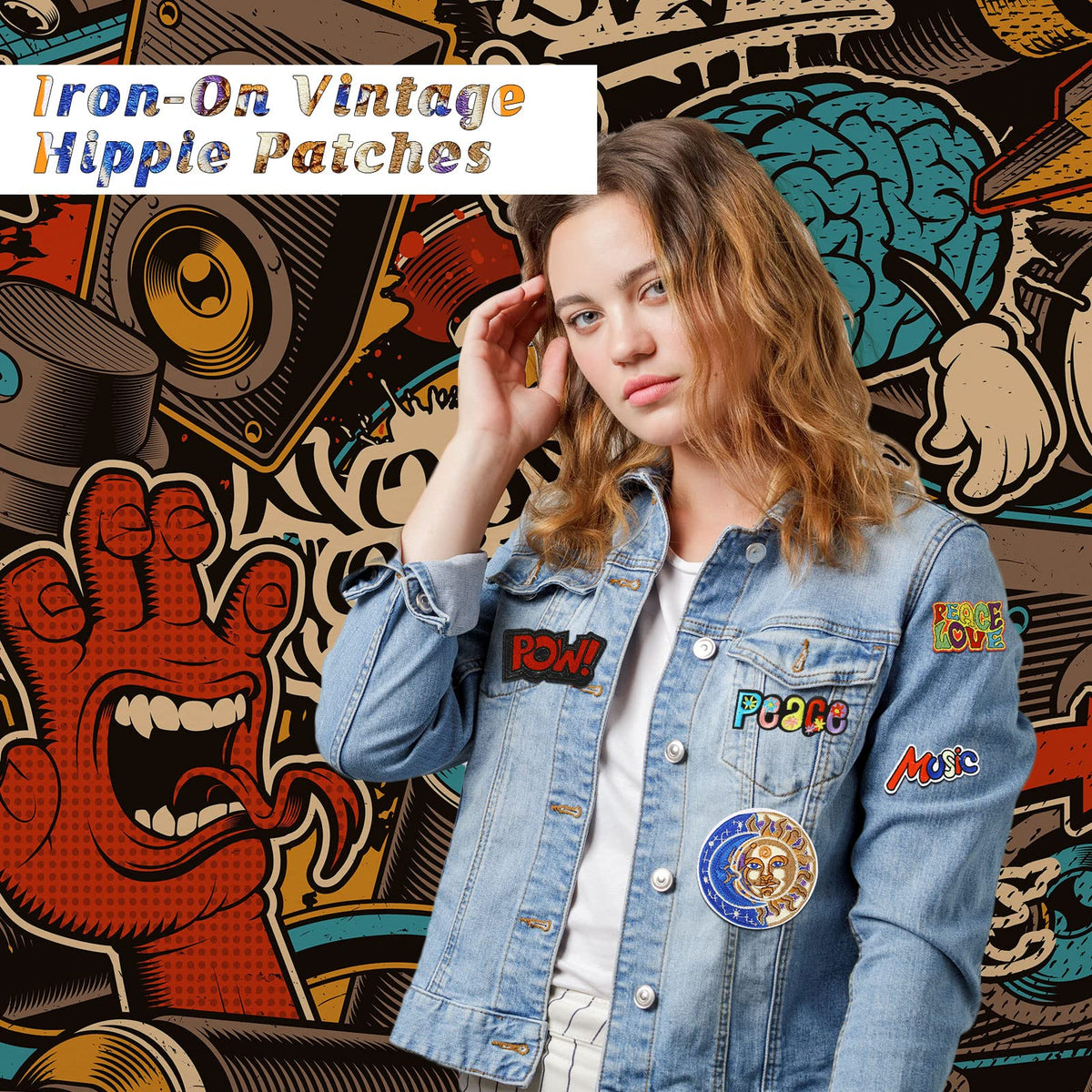 Ferraycle 48 Pcs Iron On Patches Hippie Embroidered Patches Random Assorted Styles Kit Aesthetic Repair Appliques for Sewing DIY Jacket Hat Clothing Backpack Jean 1970s Party