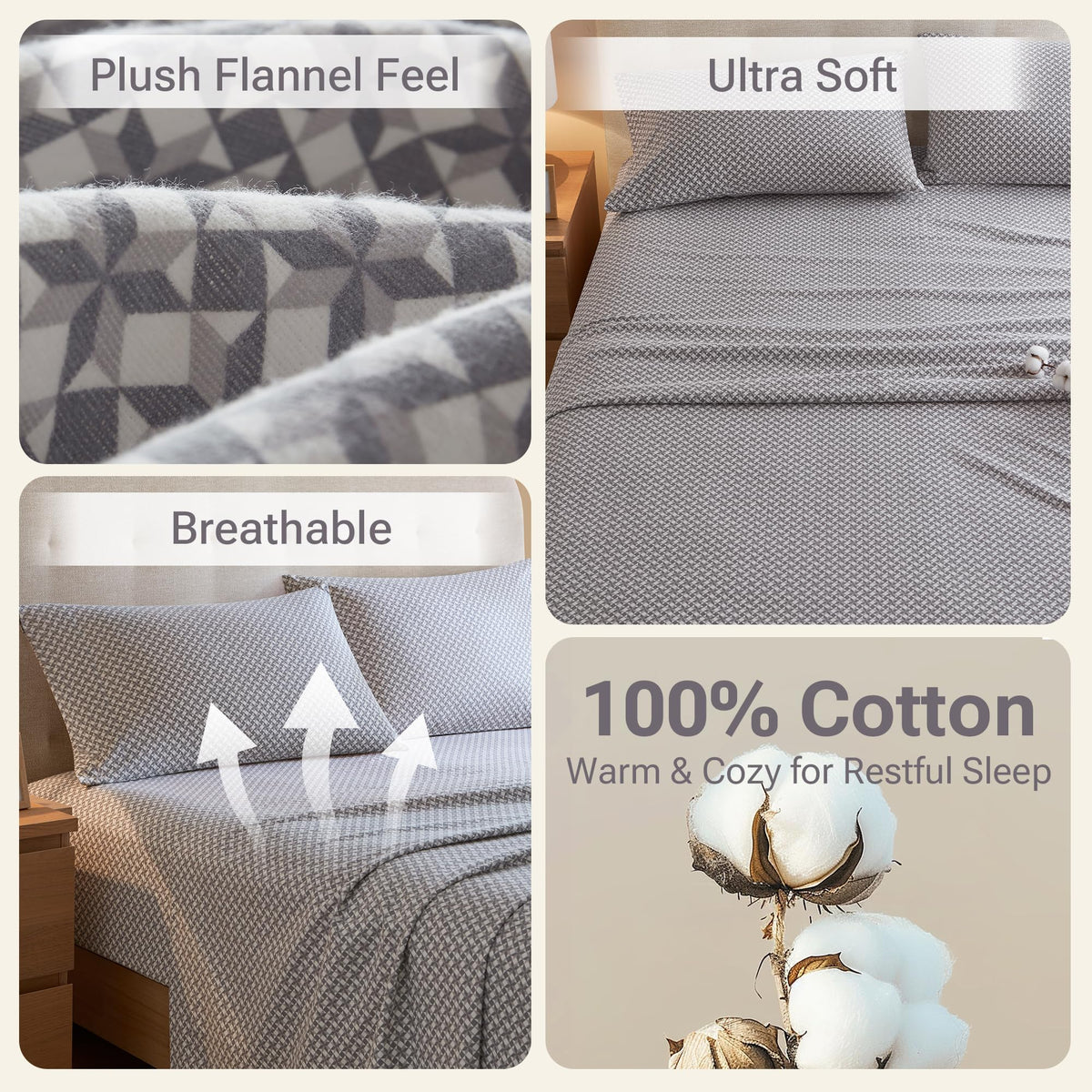 True North by Sleep Philosophy Cotton Sheet Set Cozy Print 100% Cotton Flannel Sheets Bedding Set, Oversized Sheets, Deep Pocket Fits Up to 14" Mattress Queen Bed Sheets Queen Snowflake 4 Piece