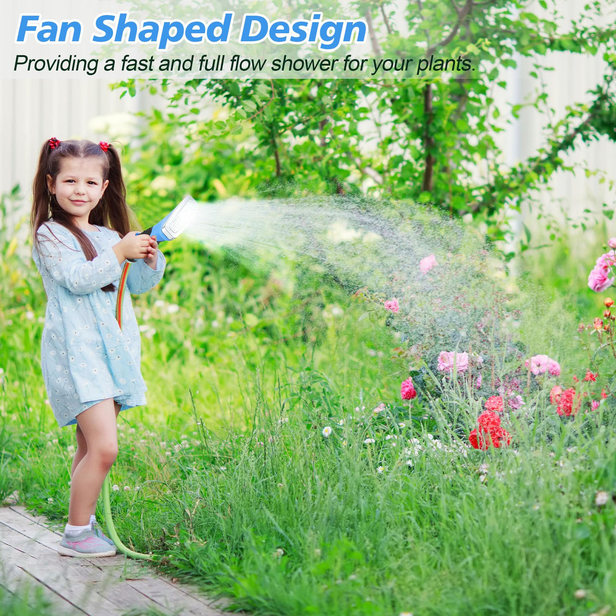 Dreyoo Fan Spray Nozzle for Garden Hose, Heavy Duty Garden Hose Head Spray for Watering Wand with Flow Control and Ergonomic Insulated Grip, Blue (1 Pack)