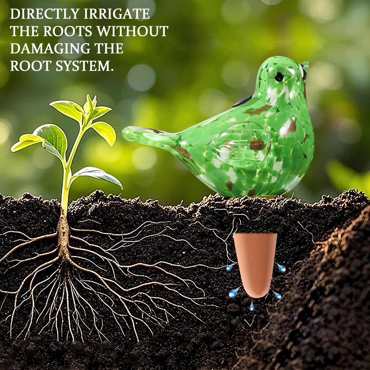 Plant Watering Globes, Bird Glass Self Watering Planter Insert - for Indoor & Outdoor Plants - Glass Plant Water Globes for Daily Use, Planter Spikes to Support Indoor & Outdoor Plant Health, Green