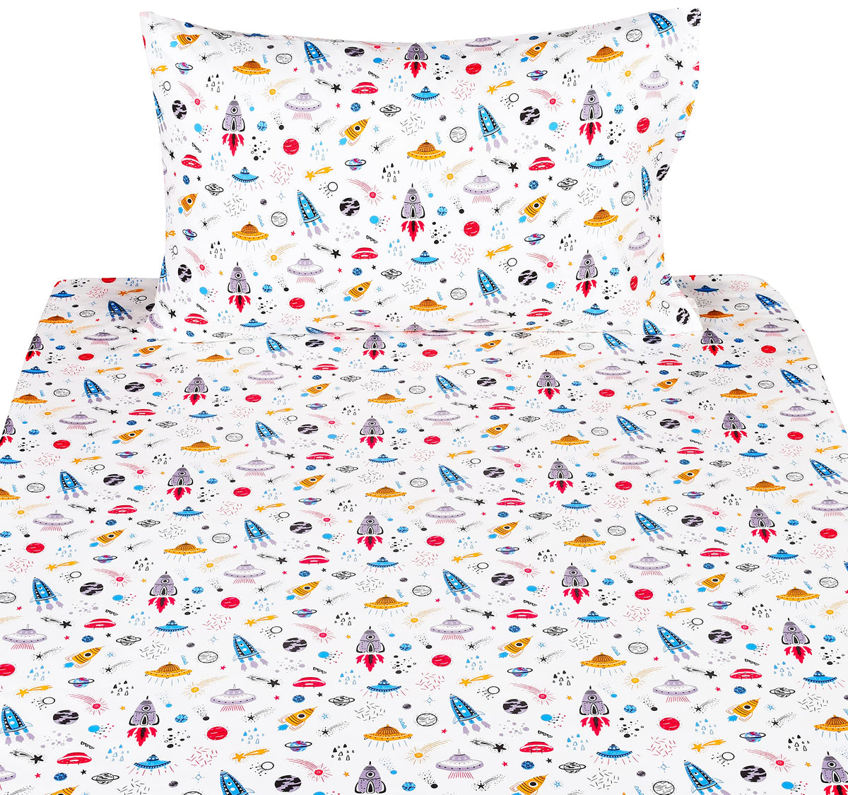 Scientific Sleep Planet Spaceship Rocket in Universe Cotton Cozy Twin Bed Sheet Set, Flat Sheet & Fitted Sheet & Pillowcase Natural Bedding Set (Space, Twin)