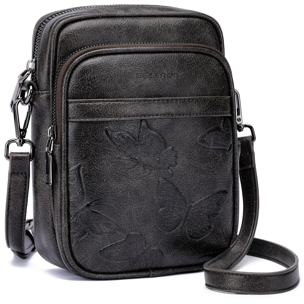 BELTANA Small Crossbody Bags for Women, Butterfly Vegan Leather Cell Phone Bag Trendy Wallet Purse with RFID Card Slots (Black Grey-Silver)