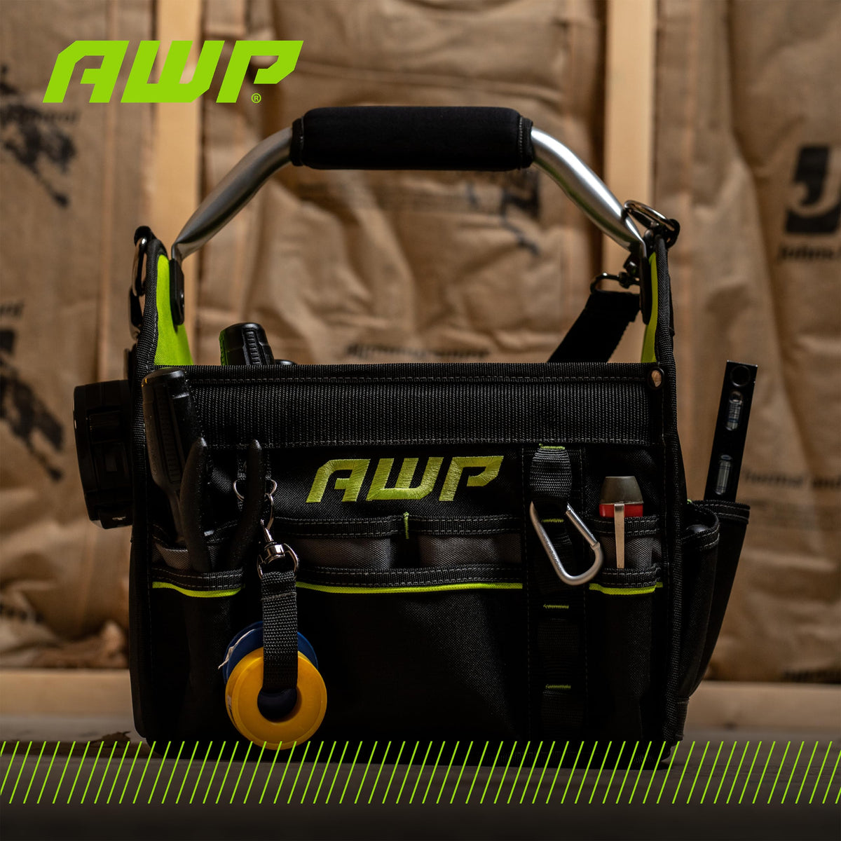 AWP 12 Inch Pro Tool Tote with Rotating Handle for Easy Tool Access, Water-Resistant Construction, Black