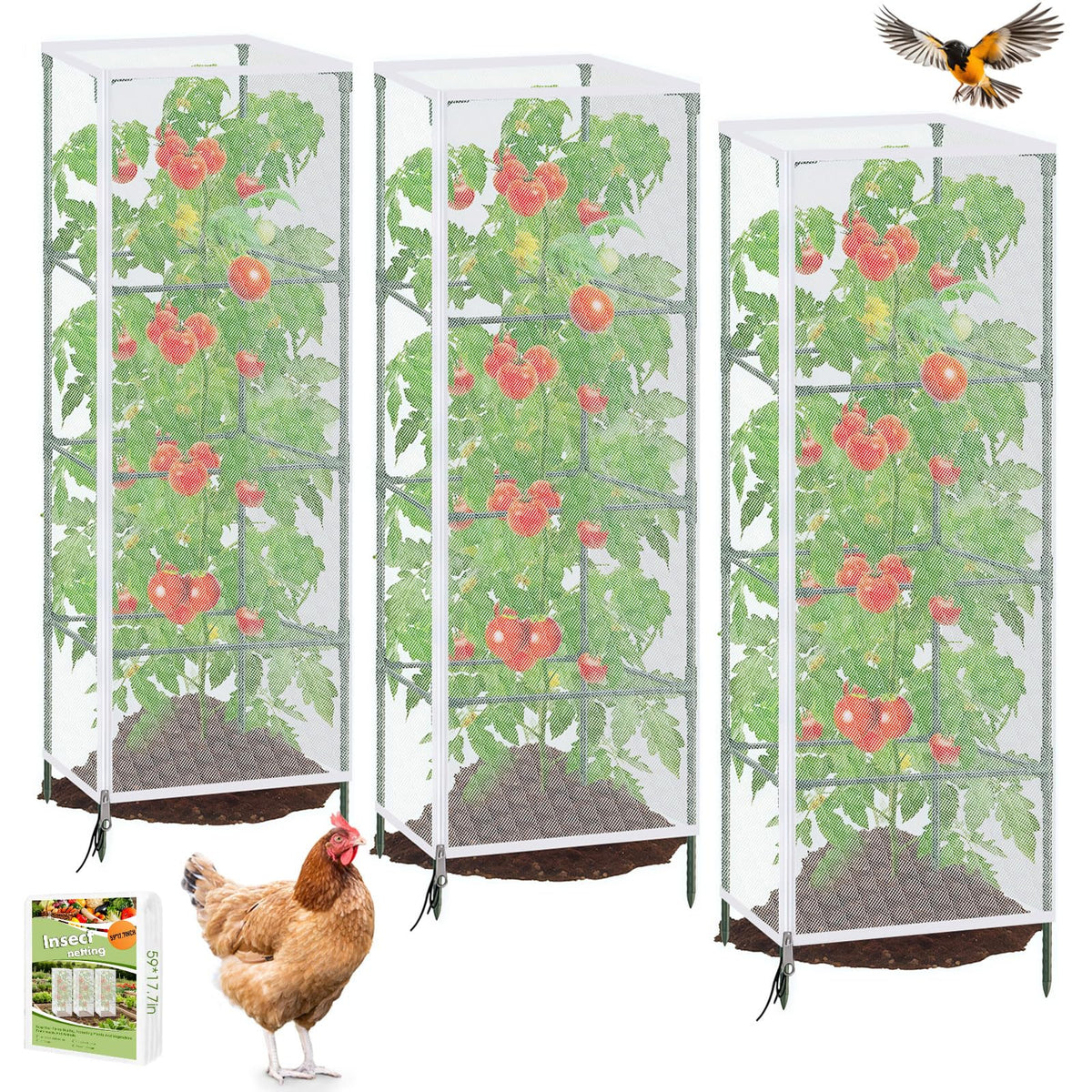 3 Pack Tomato Netting for Garden Protection, 59x18x18 inches Ultra-Fine Mesh Plant Netting Cover for Square Tomato Cage, Bird,Pest & Small Animal Barrier with Zipper & Drawstring