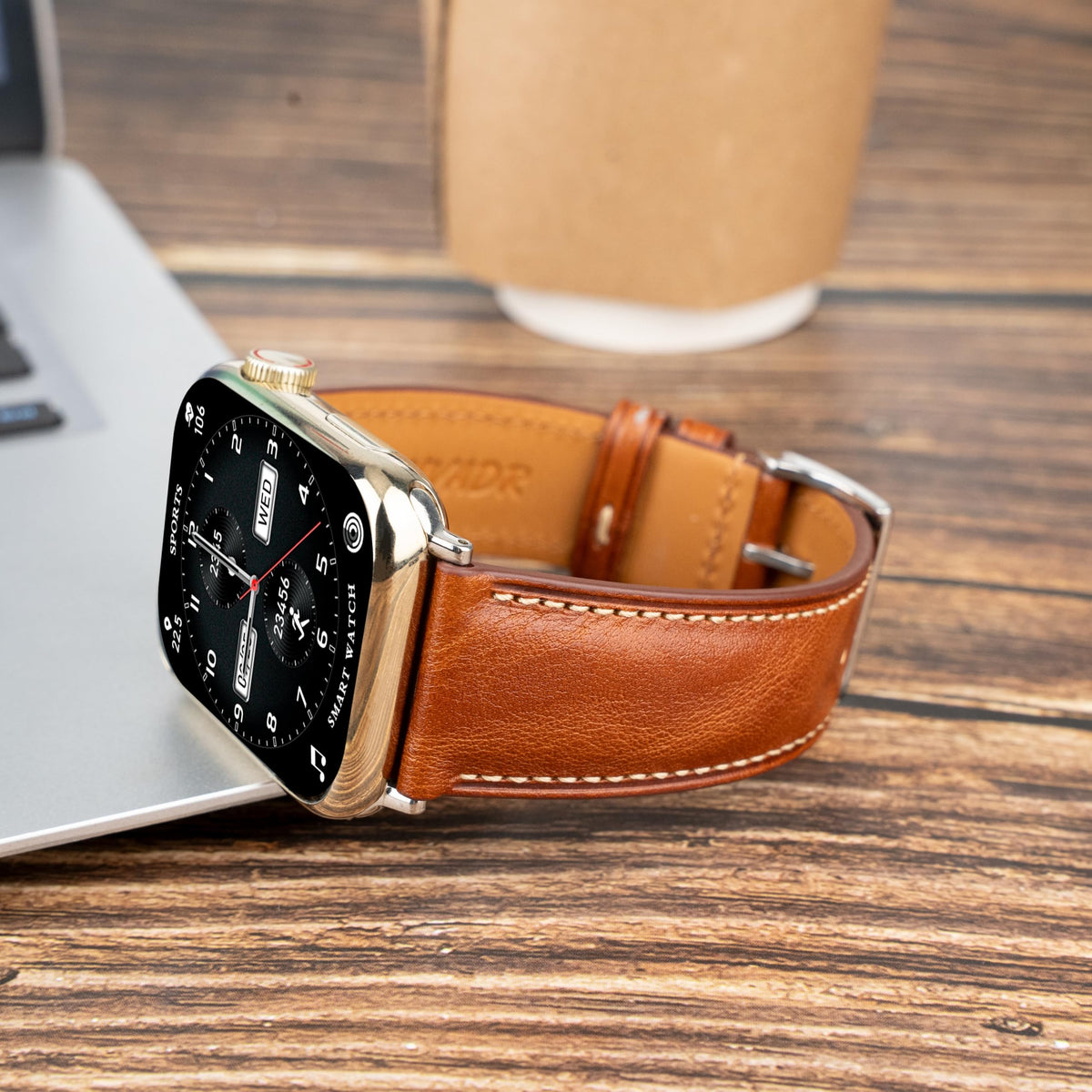 Gomvadr Leather Bands Compatible with Men's Apple Watch Band 49mm Ultra, Replacement Leather Strap for Mens iWatch Ultra 3/2/1 (Cognac/Silver, Ultra 2/1)