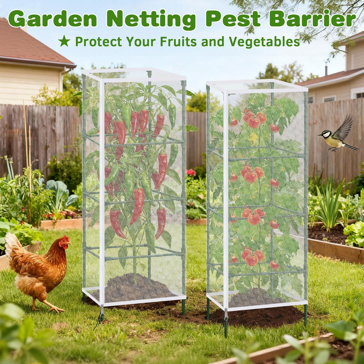 3 Pack Tomato Netting for Garden Protection, 59x18x18 inches Ultra-Fine Mesh Plant Netting Cover for Square Tomato Cage, Bird,Pest & Small Animal Barrier with Zipper & Drawstring