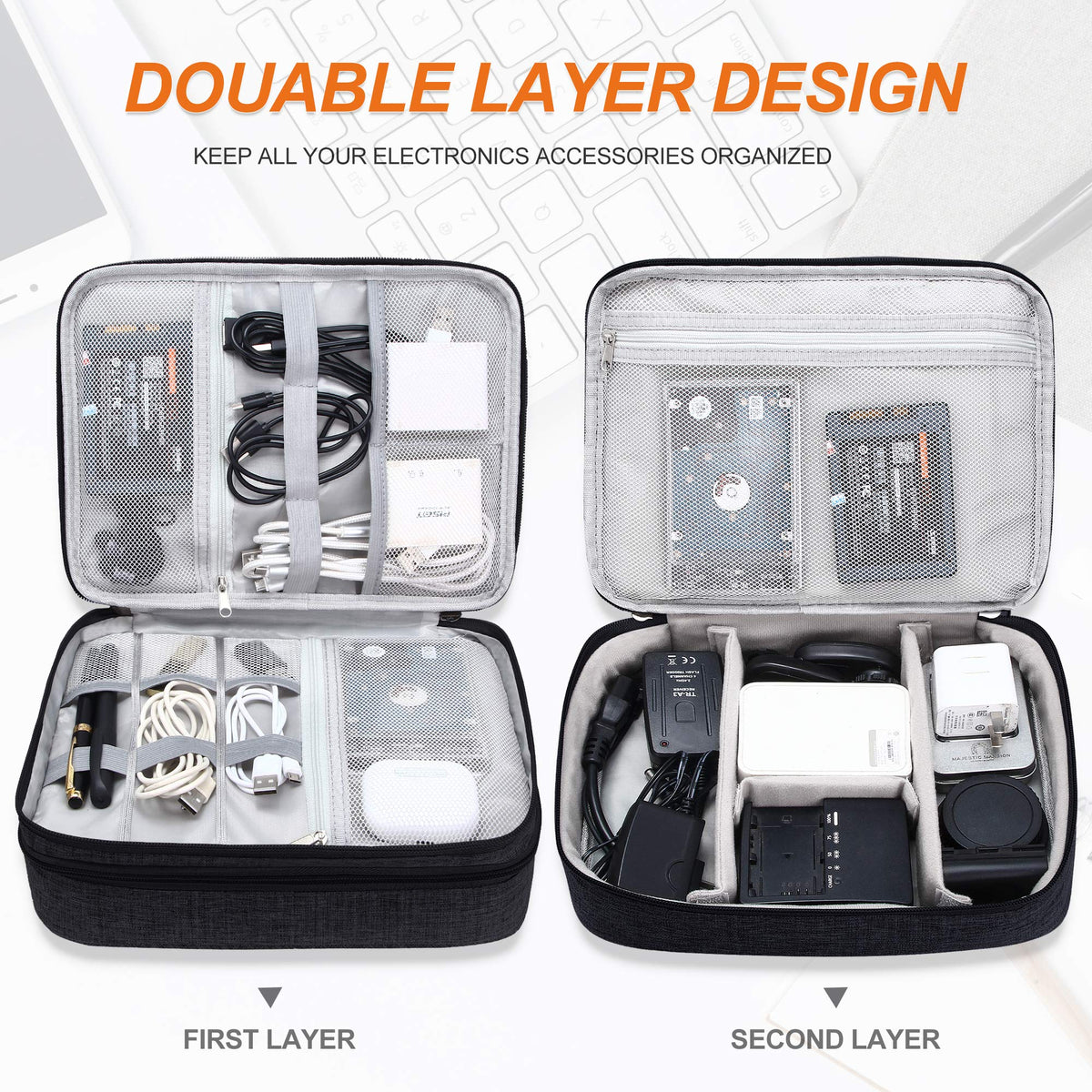 SELLYFELLY Electronic Bag Travel Cable Accessories Bag Waterproof Double Layer Electronics Organizer Portable Storage Case for Cable, Cord, Charger, Phone, Adapter, Power Bank, Kindle, Hard Drives