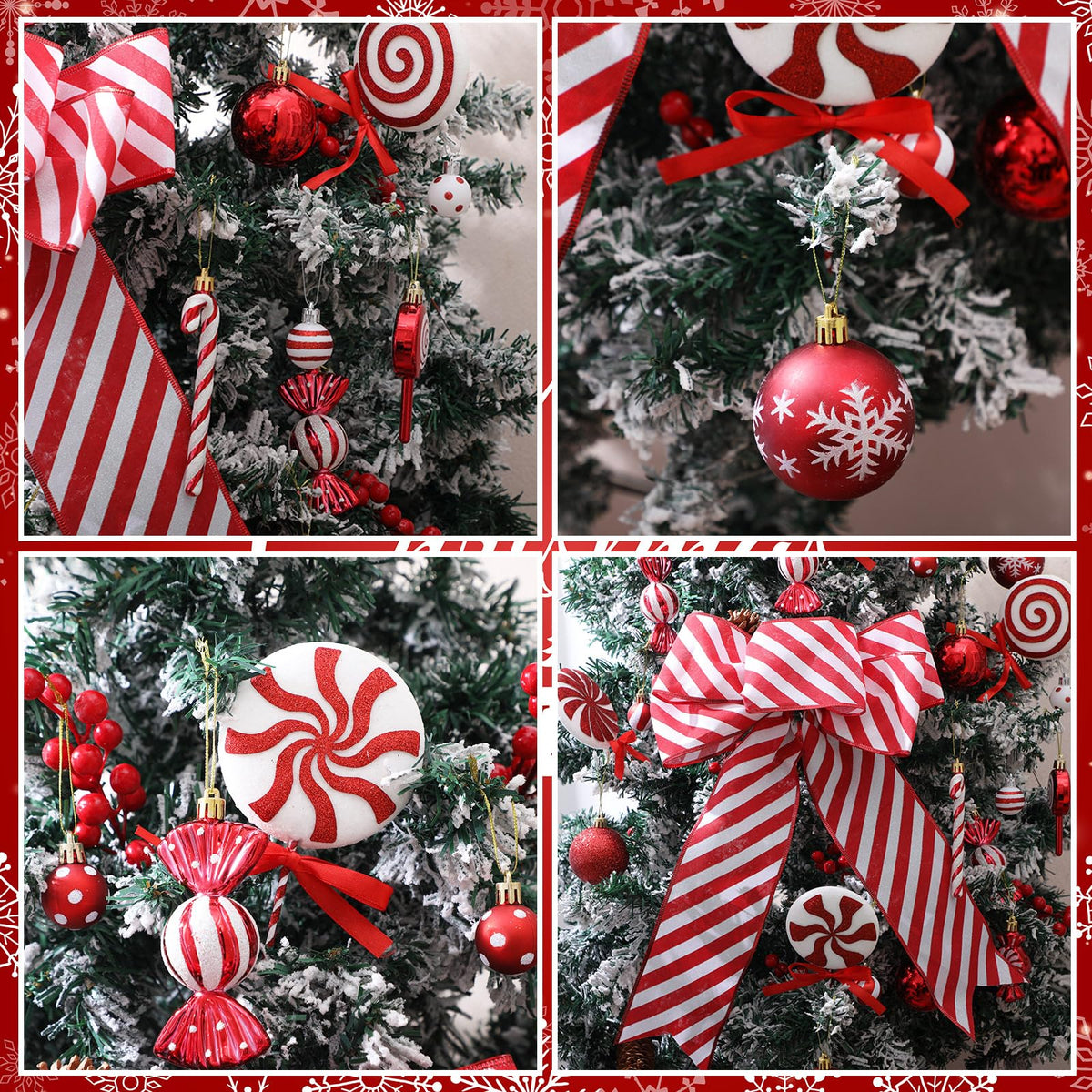 Soulchen 69 Pcs Candy Cane Christmas Tree Ornaments Set Red and White Christmas Decorations Lollipop Picks Shatterproof Hanging Xmas Balls Peppermint Striped Bow for Tree Party Holiday Decorations