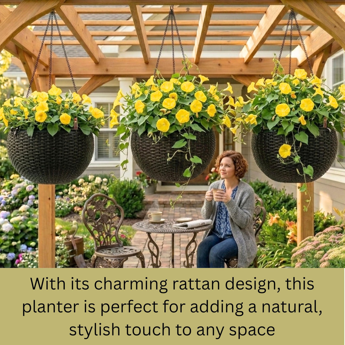 LaLaGreen Bundle- 4 Pack, 11 Inch Brown + 2 Pack, 11 Inch White Self Watering Hanging Plant Pots Round Plastic Flower Baskets with Metal Chain Rattan Style Deck Balcony Decor Porch Patio Indoor Garden