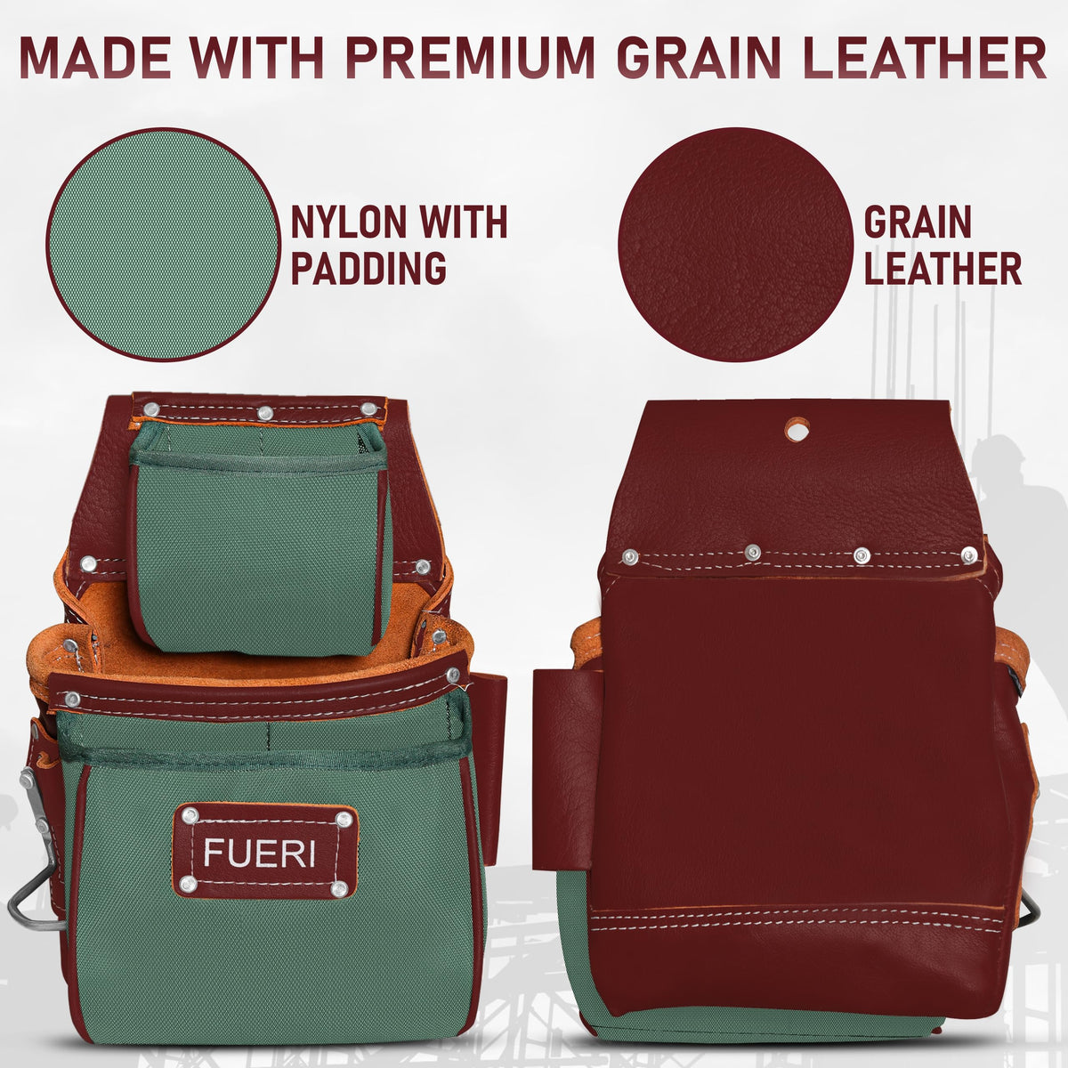 FUERI Electrician's Heavy Duty Tool Belt with Suspender, Made of Thick Leather and Durable Nylon, Comes with Adjustable Padded Tool Belt, Storage Capacity Tool Pouches, Hammer Holder, And Loops.