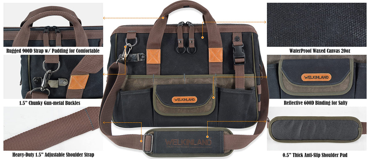 WELKINLAND 32-Pockets Waxed Canvas tool bag, Heavy-Duty Electrician tools bag, HVAC tool bags, Tool bag organizer, 16" Tools bag carrier for men, Tool bags for electricians