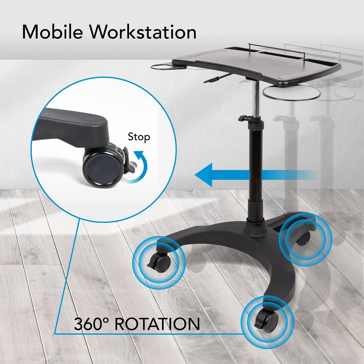 EHO Mobile Laptop Standing Desk Carts on Wheels with Stationery Storage, Pneumatic, Height Adjustable Rolling Stand, Sit to Stand Computer Cart, Workstation for Home, Office, Medical and School