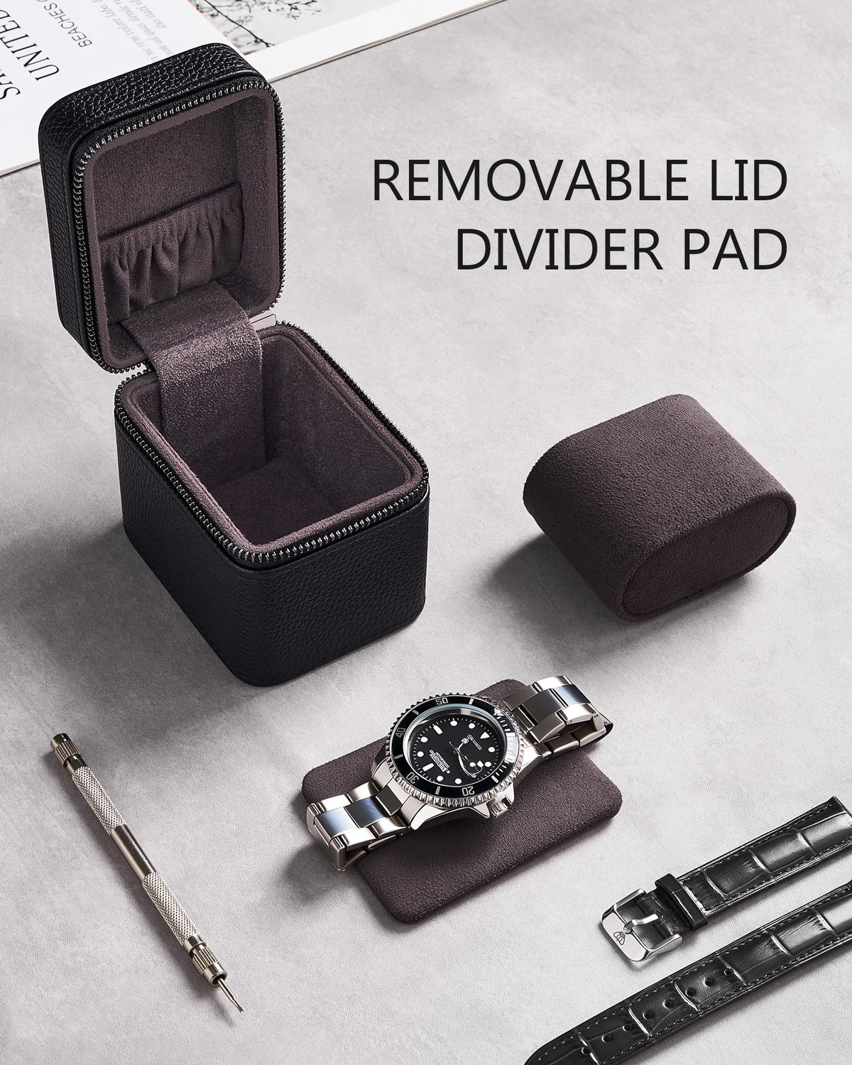 ProCase Single Watch Travel Case for Men, PU Leather Portable Watch Holder, Compact Small Carrying Storage Box for Luxury Watches & Smartwatches with Jewelry Compartment, Fathers Day Gift -Black