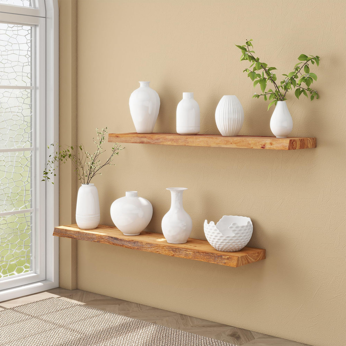fuqing Live Edge Floating Shelves for Wall - Solid Elm Wood Floating Shelves 48 Inch - 9 Inch Deep Natural Wooden Wall Shelves with Heavy Duty Metal Brackets and Anchors
