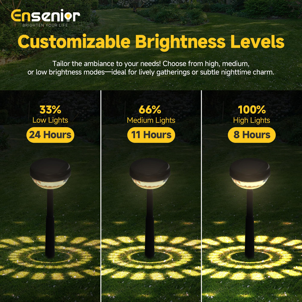 Ensenior Solar Garden Lights, 10-Pack, 3000K Warm White LED, Waterproof, Adjustable Height, Plastic, Model CP4-12CM-30K-10-BL-ZY