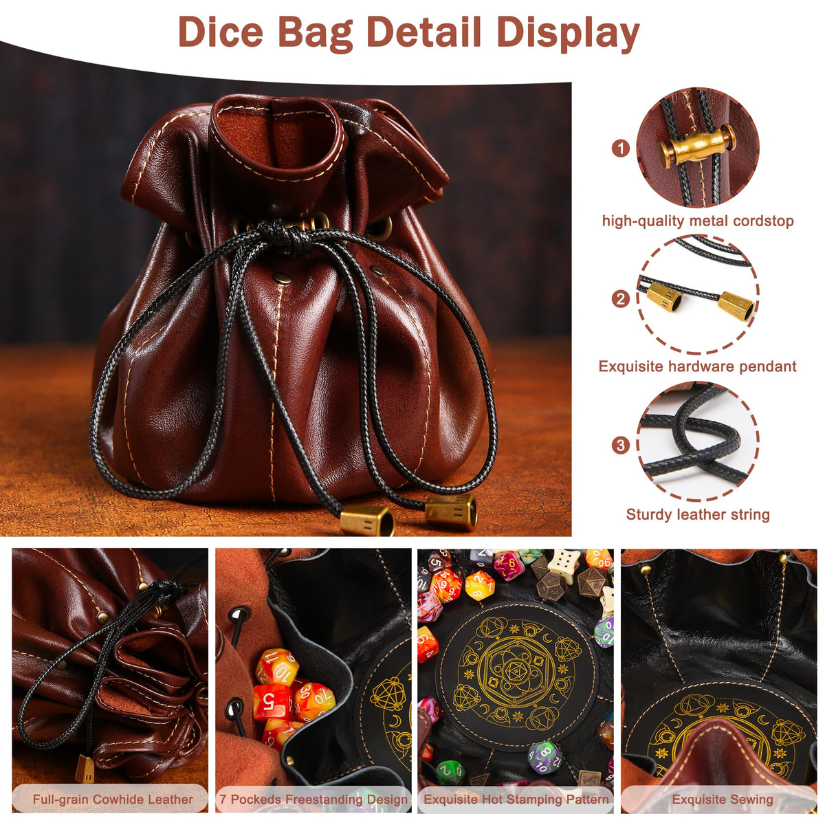 Chuleag Full-Grain Leather Dice Pouch with Built-in Rolling Tray, Magic-Themed, Large Capacity Collector's Organizer for D&D, RPGs & Dice Enthusiasts