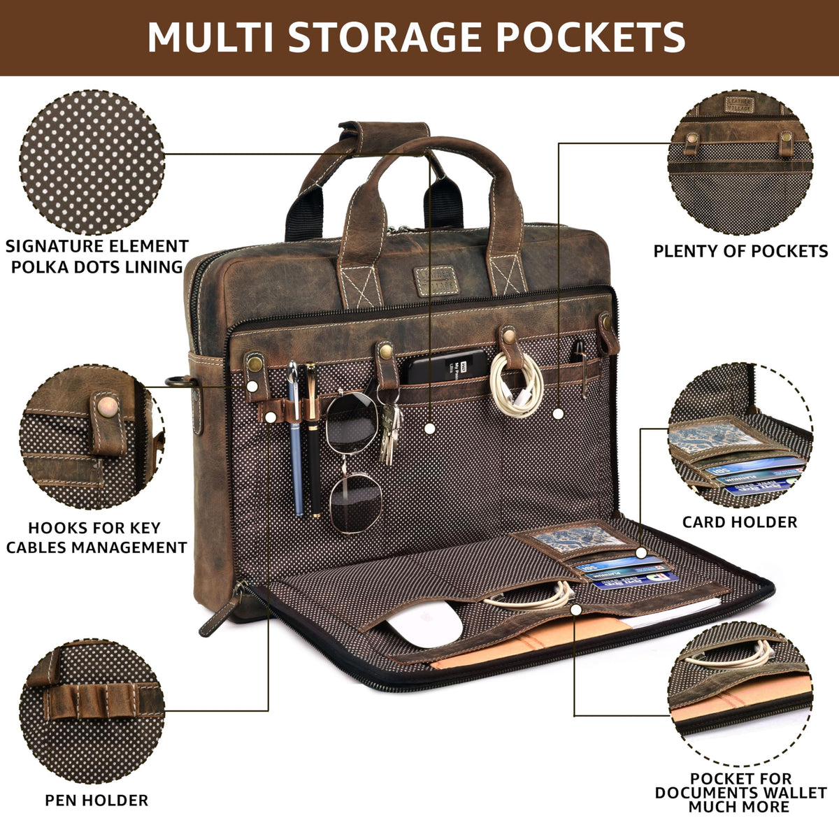 LEATHER VILLAGE 18" Leather Laptop Messenger Briefcase Bag for Men-Leather Satchel for Travel and Office Shoulder Bag-Rustic Brown