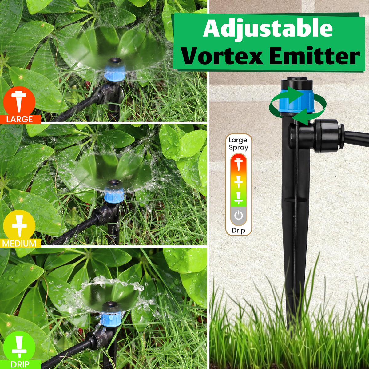 MIXC 60pcs Quick-Connect Drip Irrigation Emitters Fan Shape for 1/4" Drip Irrigation Tubing - Adjustable Push-to-Connect 360° Drip Emitters Vortex on 6" Sturdy Stake for Irrigation System