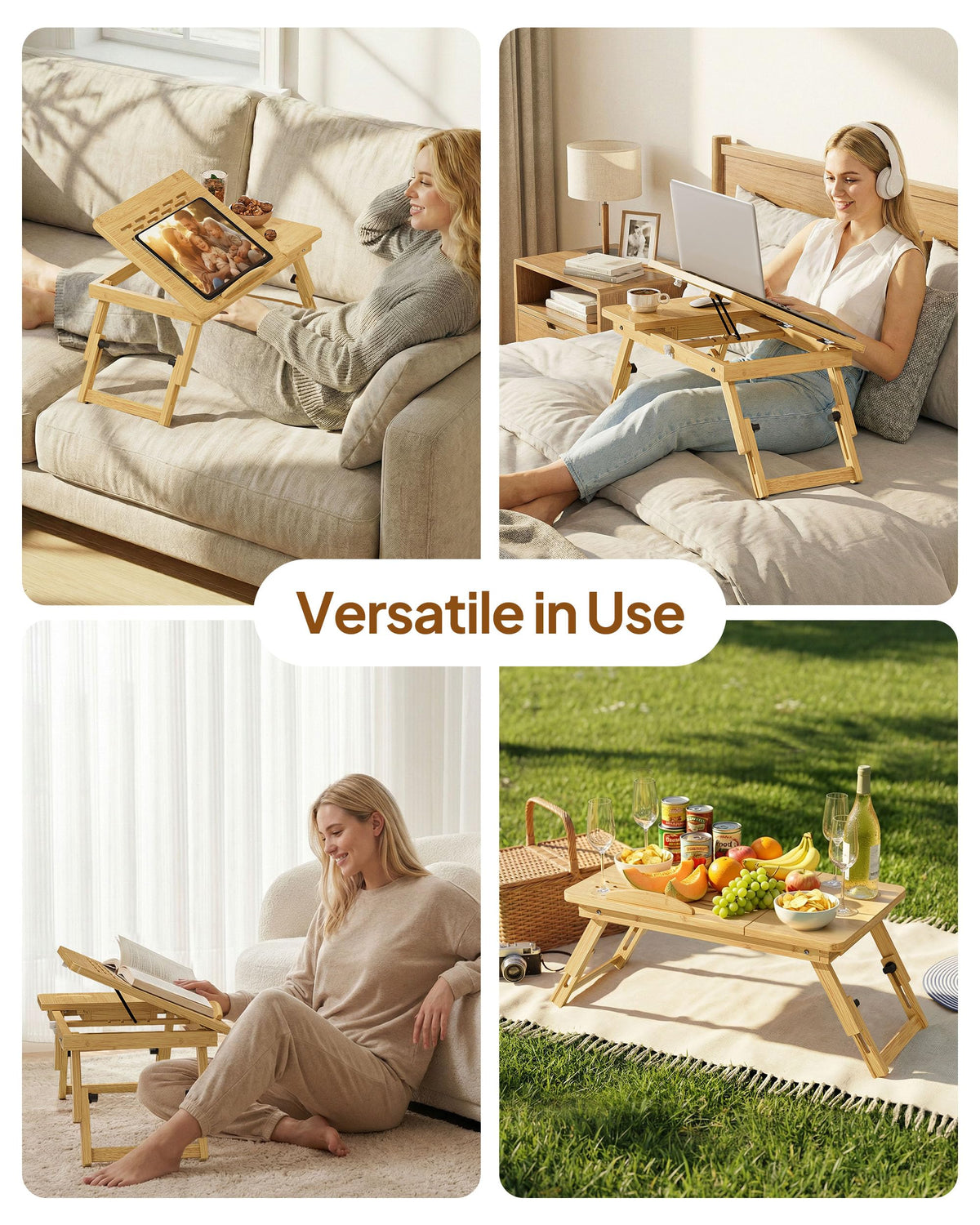 Bamboo Lap Desk,Adjustable Bed Desk with 4 Angle Options and Folding Design,Laptop Stand for Bed,Writing,Office Work,Drawing,Sofa & Travel