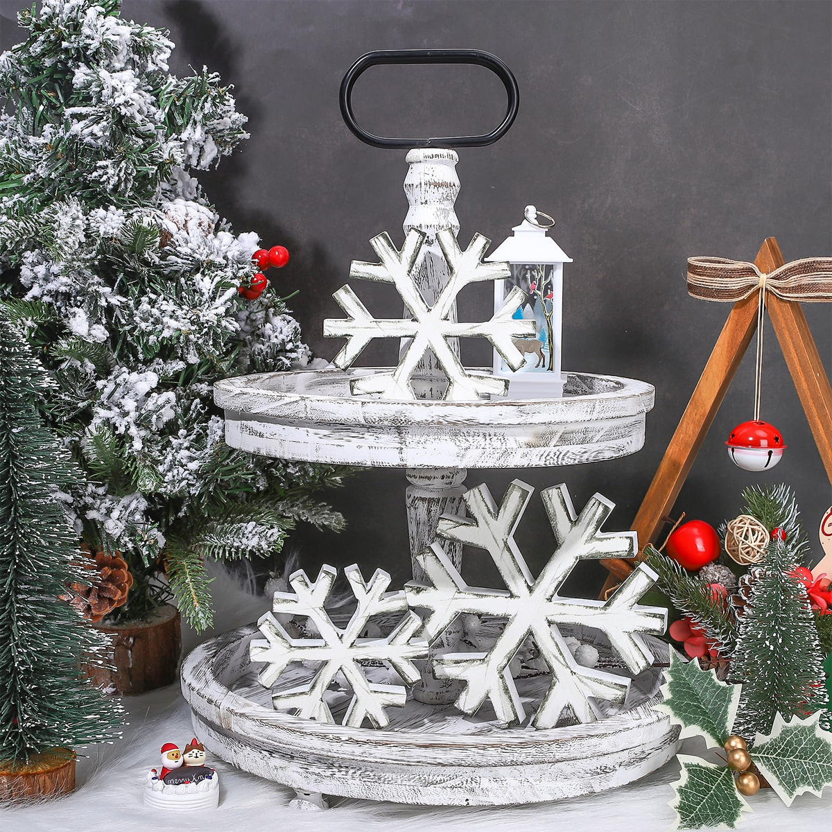 Whaline Winter Snowflake Wooden Table Decor Christmas Retro Snowflake Block Signs Tabletop Centerpiece 3 Sizes Farmhouse Snow Flake Tiered Tray Decor for Holiday Home Party Decor, 3Pcs