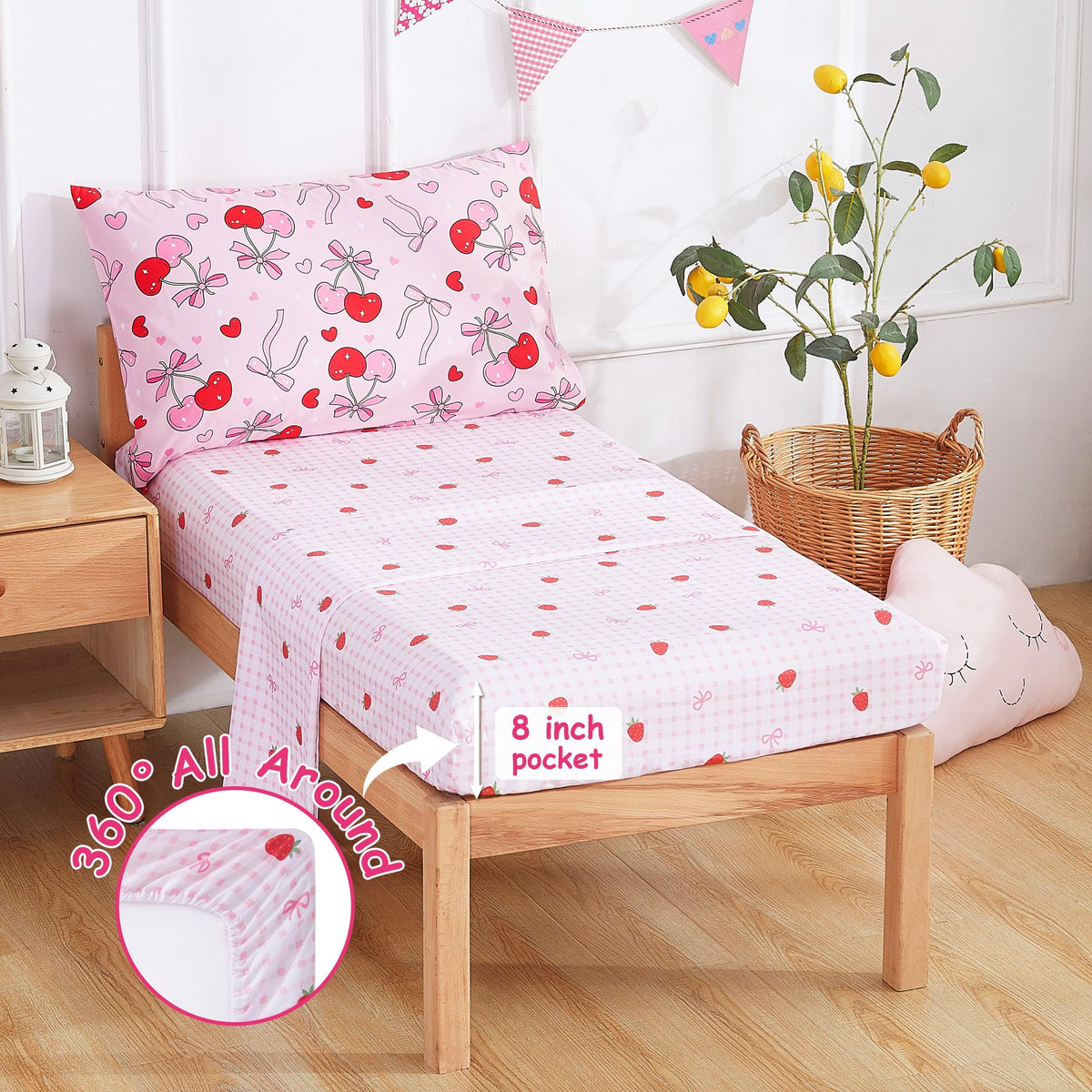 Mooreeke 4 Pieces Toddler Bedding Set - Pink Cherry Bow Toddler Comforter Sets for Girls, Includes Comforter, Flat Sheet, Fitted Sheet and Pillowcase, Bed in A Bag for Baby Bedroom