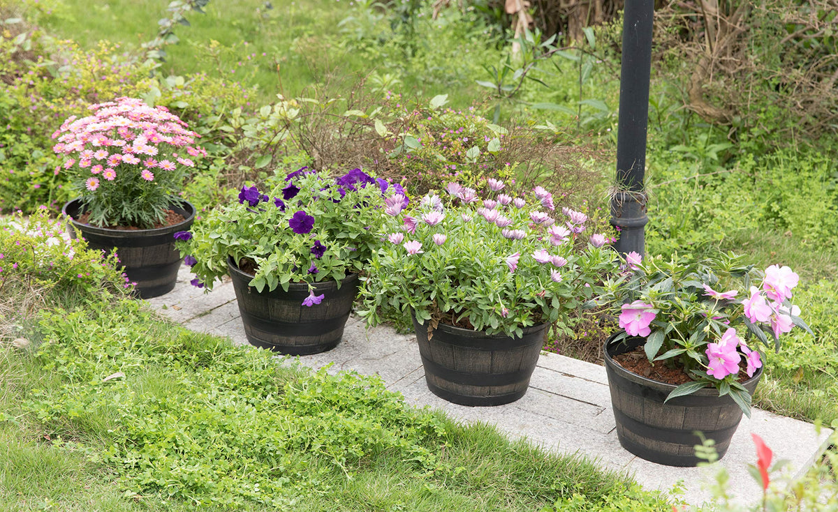 Gardenised Rustic Wood- Look Plastic Half Barrel Flower Pot Bucket Planter, Pack of 4