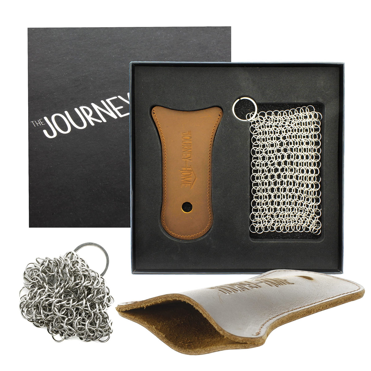 The Journey Home Cast Iron Skillet Handle Covers - Cast Iron Handle Cover w/Metal Scrubber - Heat Resistant Leather Pan Handle w/Hole - Cast Iron Accessories - Gift Sets for Men - Chainmail Scrubber