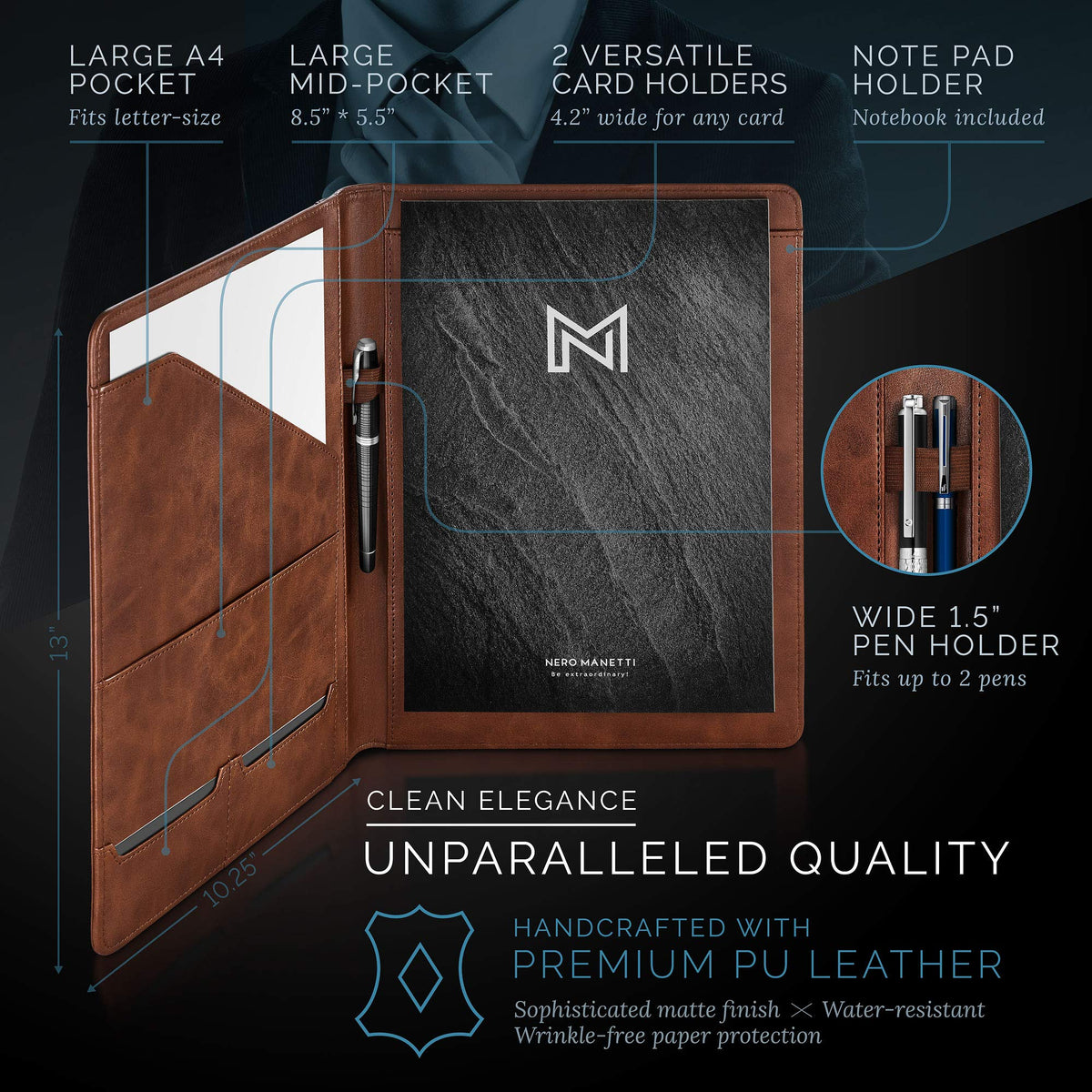 Nero Manetti - Leather Portfolio Folder - Business PU Leather Notepad Holder for Resumes, Legal Pad Executive Binder, Professional Padfolio Notebook for Women/Men (Brown)