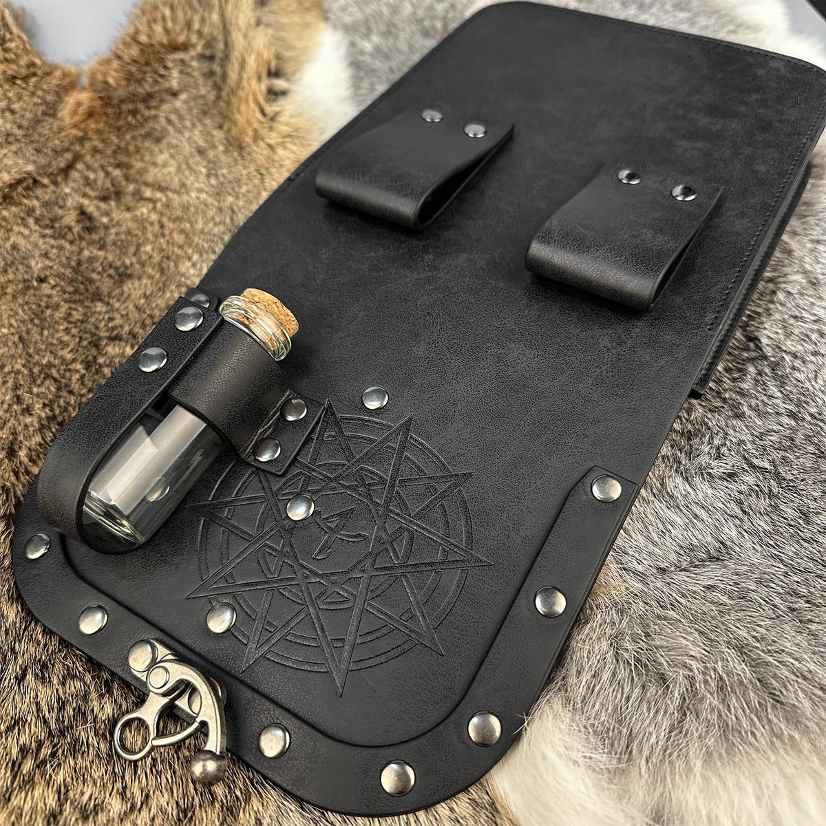 HiiFeuer Medieval Alchemy Faux Leather Belt Bag with Cork Potion Vials, Fantasy Wizard Waist Pouch Side Pack for Halloween (Black C)
