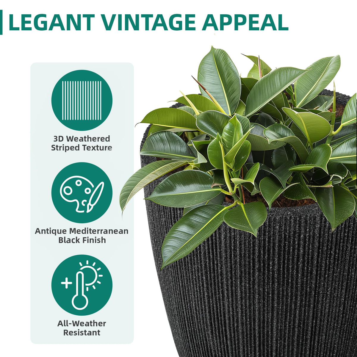 Ultym 2 Pack 19" Tall Black Fluted Concrete-Look Resin Planters, Large Round UV-Resistant Flower Pots for Indoor Outdoor Plants, Decorative Ribbed Planters for Garden Patio Porch Home Office